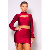 Puff Long Sleeve Front Cutout Turtleneck Blouse & Side Ruched Garter Mini Skirt Set