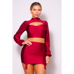 Puff Long Sleeve Front Cutout Turtleneck Blouse & Side Ruched Garter Mini Skirt Set