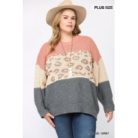 Color Block And Leopard Pattern Mixed Pullover Sweater