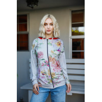 Grey Pink Flower Print Contrast Double Hood Sweater