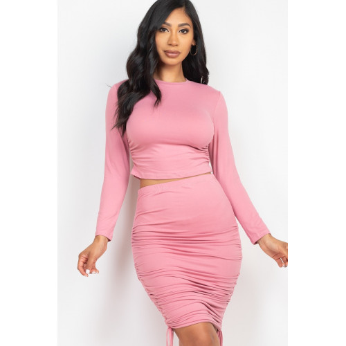 Ruched Side Crop Top & Drawstring Skirt Set