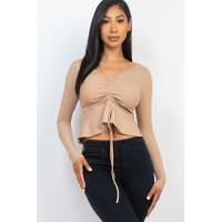 Ribbed Drawstring Front Long Sleeve Peplum Top