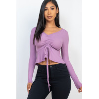 Ribbed Drawstring Front Long Sleeve Peplum Top