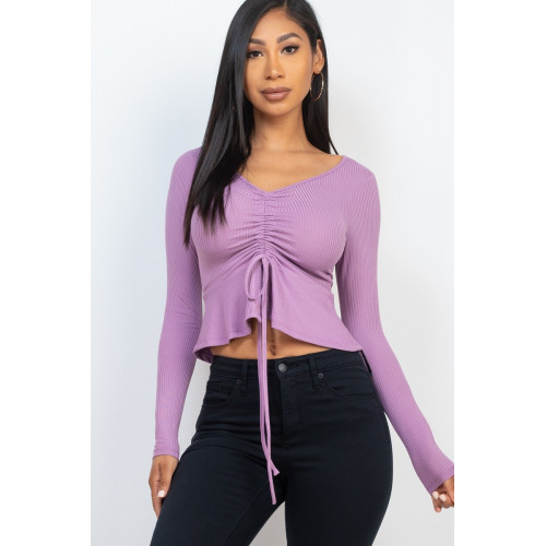Ribbed Drawstring Front Long Sleeve Peplum Top