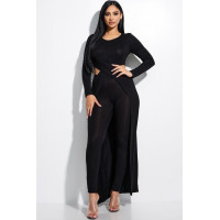 Solid Heavy Rayon Spandex Long Sleeve Crossed Over Long Top And Leggings 2 Piece Set