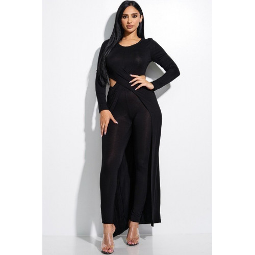 Solid Heavy Rayon Spandex Long Sleeve Crossed Over Long Top And Leggings 2 Piece Set