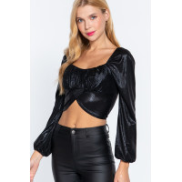 Long Slv Ruched Metallic Knit Top