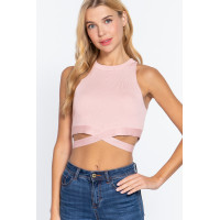 Sleeveless Crew Neck Waist Tie Crop Sweater Top