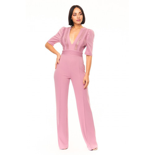 Deep V-neck Crochet Bodice Jumpsuit