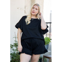 Round Neck Ruffle Sleeve Side Slit French Terry Top