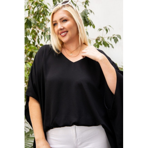 V Neck Dolman Sleeves Front Waist Elastic Solid Top