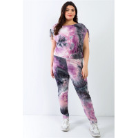 Plus Purple & Black Tie-dye Ruched Shoulder Detail Top & Pants Set
