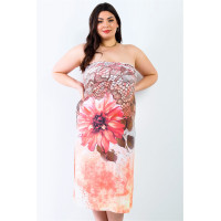 Plus Peach Flower Print Sleeveless Midi Dress