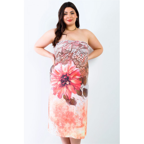 Plus Peach Flower Print Sleeveless Midi Dress