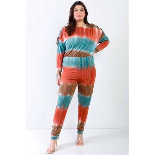 Plus Tie-dye Lace Up Shoulder Details Back Wrap Cut-out Jumpsuit