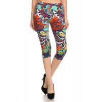 Multi-color Ornate Print Cropped Length Fitted Leggings With High Elastic Waist.