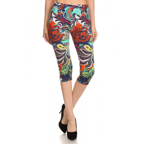 Multi-color Ornate Print Cropped Length Fitted Leggings With High Elastic Waist.
