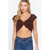 Short Sleeve V-neck Front Knot Detail Sweater Knit Crop Top