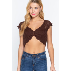 Short Sleeve V-neck Front Knot Detail Sweater Knit Crop Top