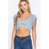 Short Sleeve V-neck Front Knot Detail Sweater Knit Crop Top