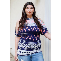 Plus Polka Dot Cold Shoulder Short Sleeve Back Self-tie Top