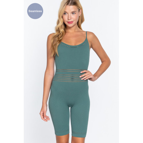 Round Neck Pointelle Detail Seamless Rib Romper