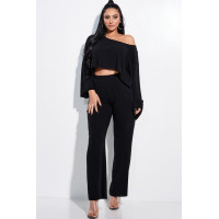 Solid French Terry Long Slouchy Long Sleeve Top And Pants With Pockets Two Piece Set