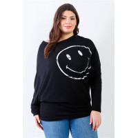 Plus Smile Front Print Flannel Dolman Sleeve Top