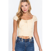 Short Sleeve Front Tie Ruched Detail Woven Top