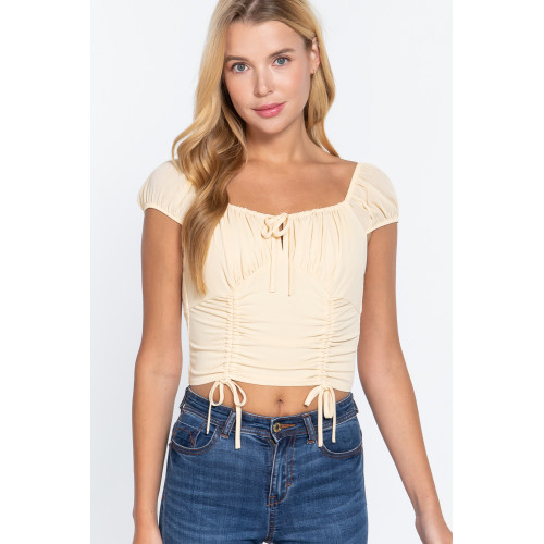 Short Sleeve Front Tie Ruched Detail Woven Top