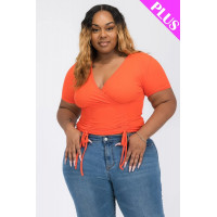 Plus Ribbed Ruched Drawstring Surplice Top