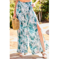 Back Elastic Waist Band Side Pockets Pleat Side Open Slit Tropical Print Pants