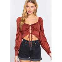 Long Sleeve Sweetheart Neck Front Ribbon Tie Detail Woven Top