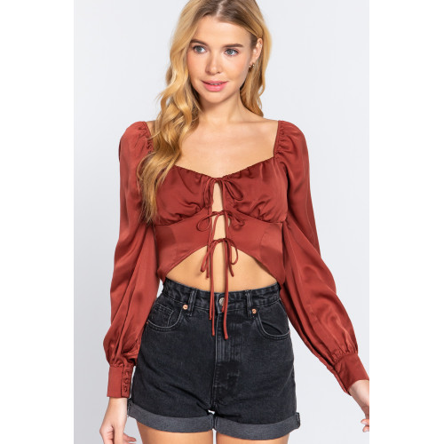 Long Sleeve Sweetheart Neck Front Ribbon Tie Detail Woven Top