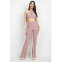 Solid Halter Top And Elastic Leggings Set