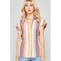 A Woven Shirt In Multicolor Striped With Collared Neckline