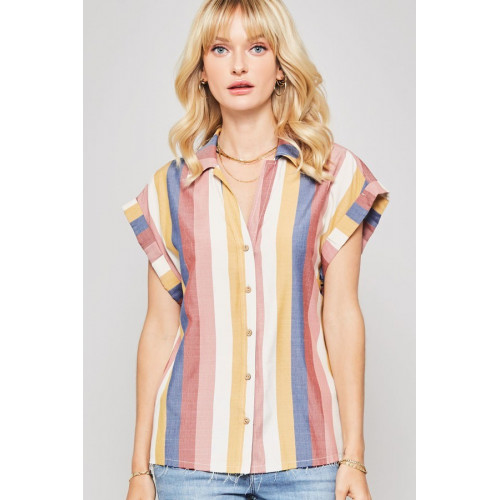 A Woven Shirt In Multicolor Striped With Collared Neckline