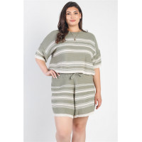 Plus Olive Striped Knit Short Sleeve Crop Top High Waist Shorts Set