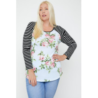 Floral Top Featuring Raglan Style Striped Sleeves And A Round Neck