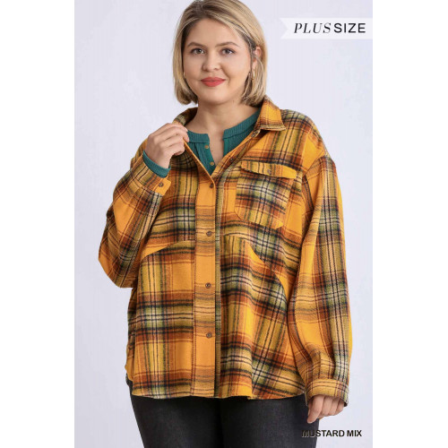 Plaid Collar Button Down Overshirt With Front Pockets