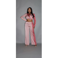 Colorblock Crop Blazer With Matching Low Rise Wide Leg Pant Set With Pockets