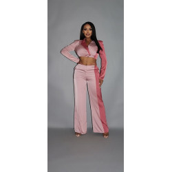 Colorblock Crop Blazer With Matching Low Rise Wide Leg Pant Set With Pockets
