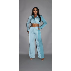 Colorblock Crop Blazer With Matching Low Rise Wide Leg Pant Set With Pockets