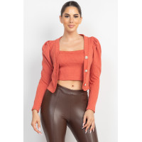 Geometric Cami Puff Sleeves Blazer Top Set