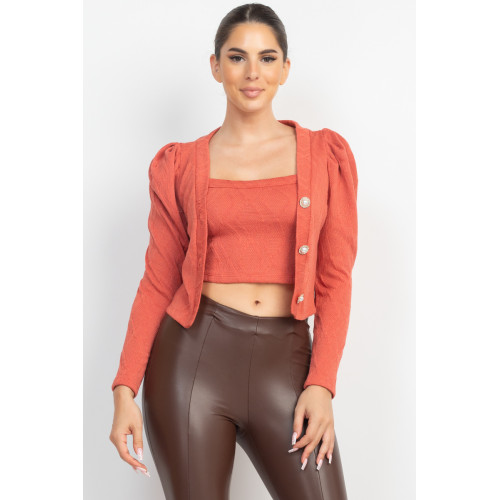 Geometric Cami Puff Sleeves Blazer Top Set