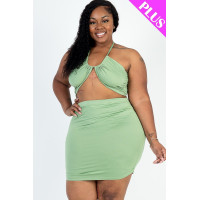 Plus Size Sexy Solid Crisscross Halter Top & Ruched Mini Skirt Set