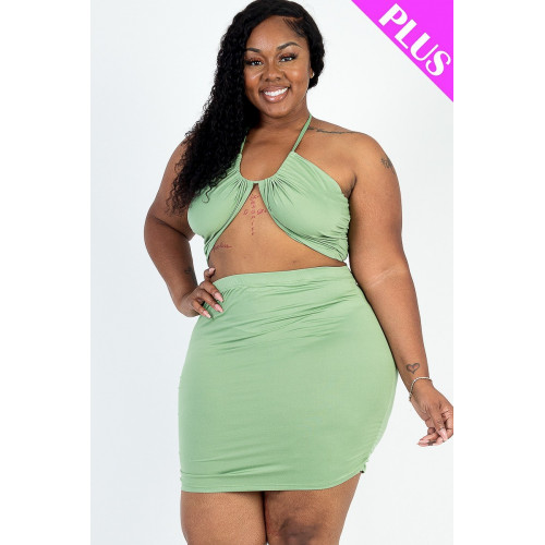 Plus Size Sexy Solid Crisscross Halter Top & Ruched Mini Skirt Set