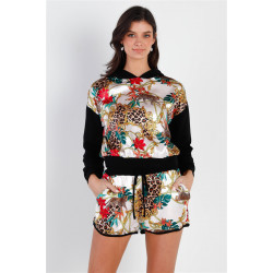Black & Ivory Satin Effect Animal Print Hooded Top & Short Set