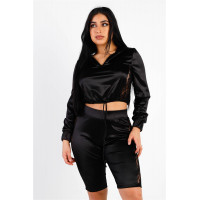 Satin Lace Details Long Sleeve Hooded Crop Top & Biker Short Set