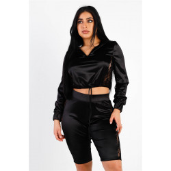 Satin Lace Details Long Sleeve Hooded Crop Top & Biker Short Set